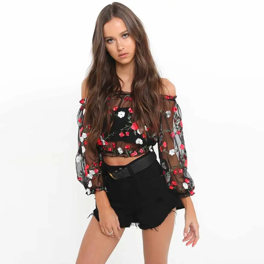 Blusas Apparel сексуальные сетчатые кружевные топы с вырезом лодочкой и оборками