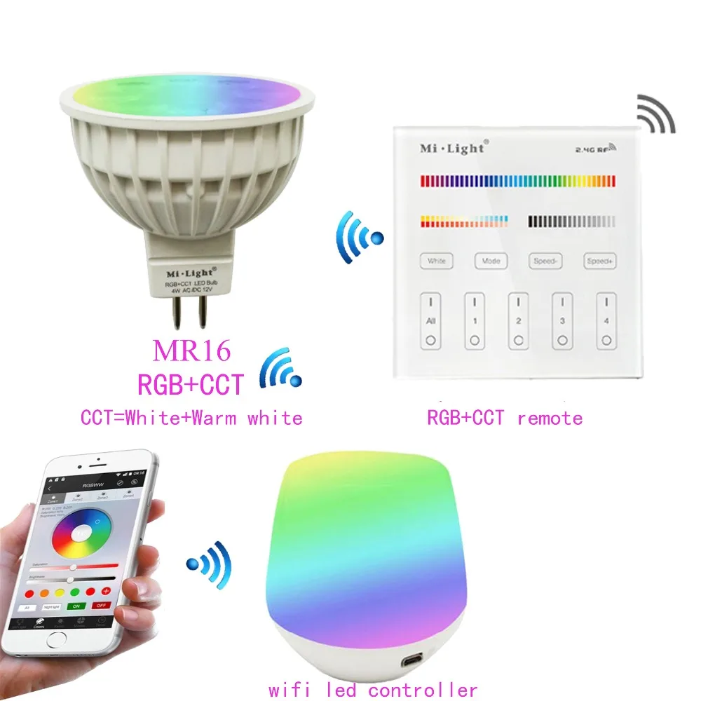 

MR16 4W Mi.light RGB+CCT Led Bulb Spotlight AC/DC 12V+2.4G WIFI Ibox Led Controller+B4/T4 RGB+CCT Remote Controller