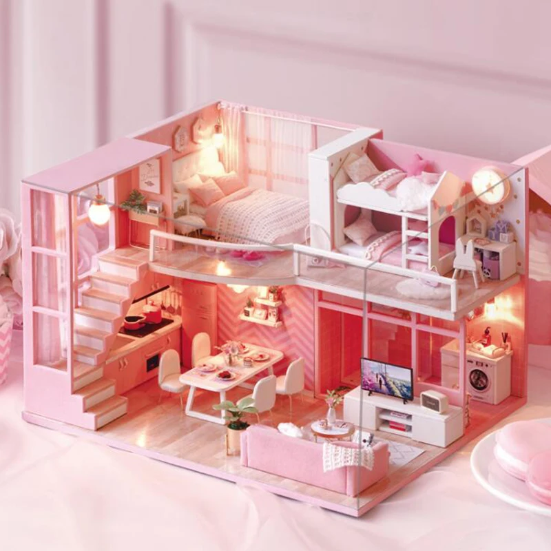 DIY игрушечный деревянный дом poppenhuis деревянные Miniatura кукольные домики миниатюрный