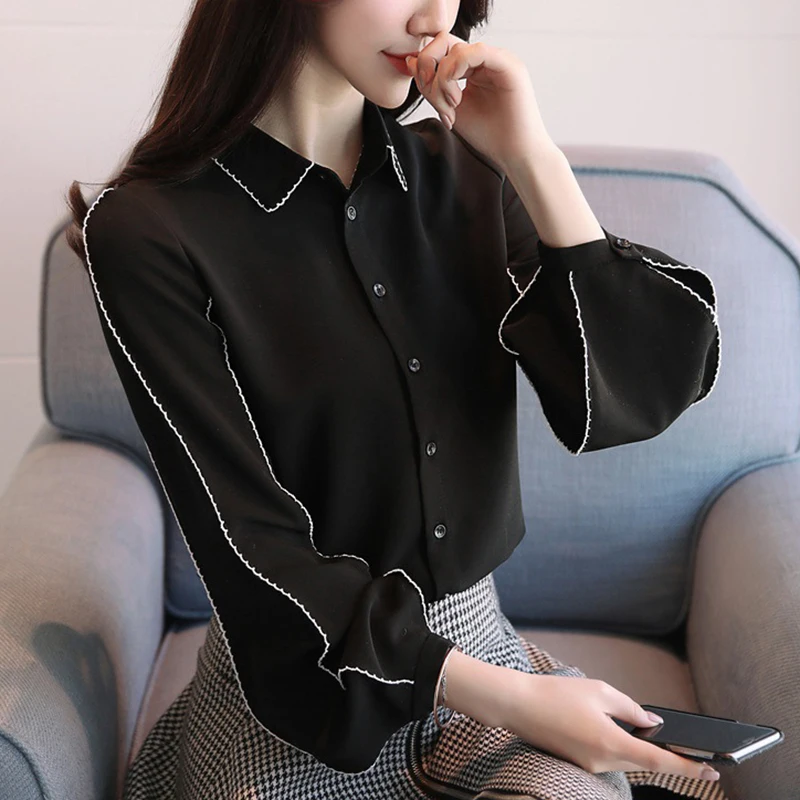 En Ligne 2018 nouveau printemps femmes élégant noir blanc blouse contraste couleur lanterne manches Coréen chic femmes travail dames chemise tops