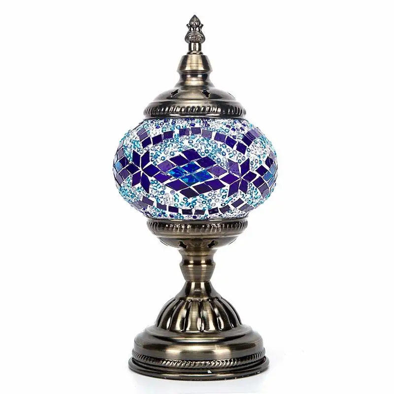 

Andmade Turkish Mosaic Table Lamp with Mosaic Lantern Bronze Base Unique Table Lamp for Room Decoration(Blue)