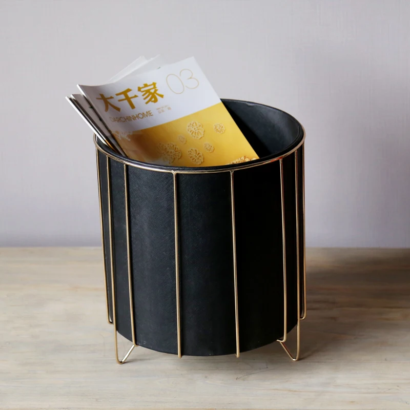 Modern and Simple Design Office Tabletop Storage Box Black Metal and Leather Round Box for Home