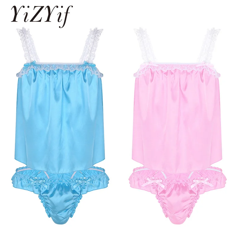 

YiZYiF Gay Men Sissy Underwear Soft Shiny Satin Panties Sleeveless Tops with Ruffled Briefs Nightwear Sleepwear Men Lingerie Set