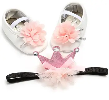 

Baby PU Leather Shoes Girls Crown Headbands Sets Girls Toddler Princess Sapatos Fashion Newborn Shoes First Walkers Floral