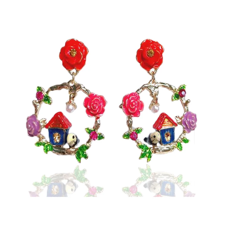 

Enamel glaze Beautiful Bird House Wreath Flower Earring Women Fashion Elegant earrings