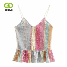 GOPLUS Metallic Sequined V Neck Party Camis Sling Tops Womens 2019 Summer Fashion Korean Spaghetti Strap Club Sexy Shirt Vest