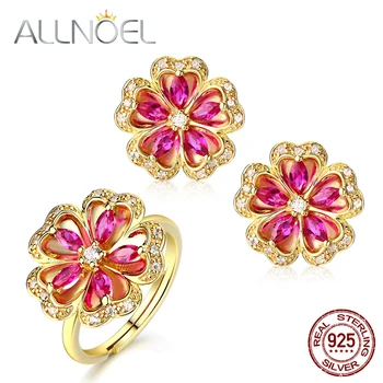 

ALLNOEL Real 925 Sterling Silver Jewelry Sets Red Corundum Flower Ring Stud Earrings For Women 14K Gold Luxury Fine Jewelry