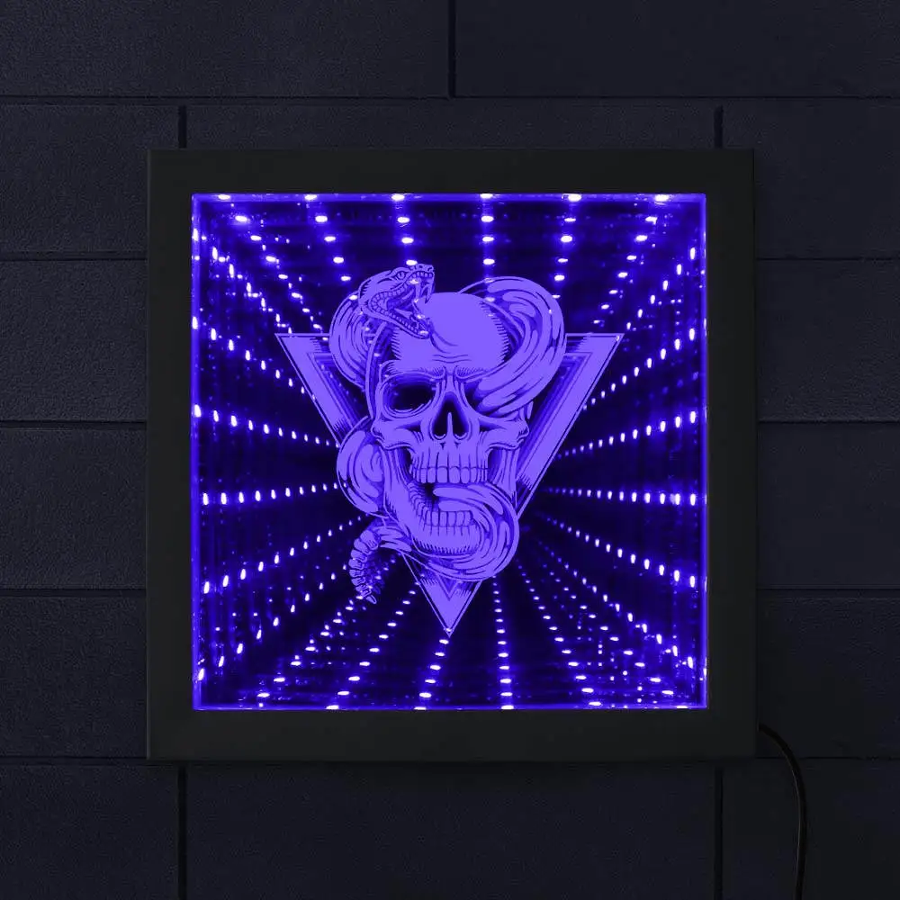 cheap Skull With Rattlesnake Totem Emblem Infinity Mirror Wood Frame Mesmerizing Illusion Tunnel Lamp Snake Through Skull Wall Light