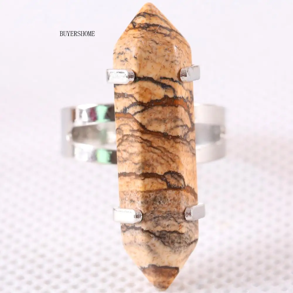 

Silver Adjustable Gift Ring Girls Party Hexagonal Bead Natural Picture Jaspe Stone Round Circle Valentines Gift 1PC Z063