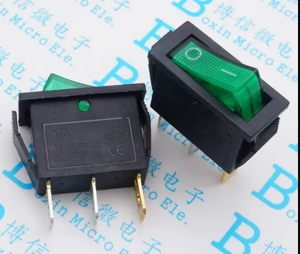 

Free Shipping 10pcs/lot 3 Pin 16A 250V Green/Red Button Light Rocker Switch KCD3-101N KCD2 On Off Rocker Power Switches