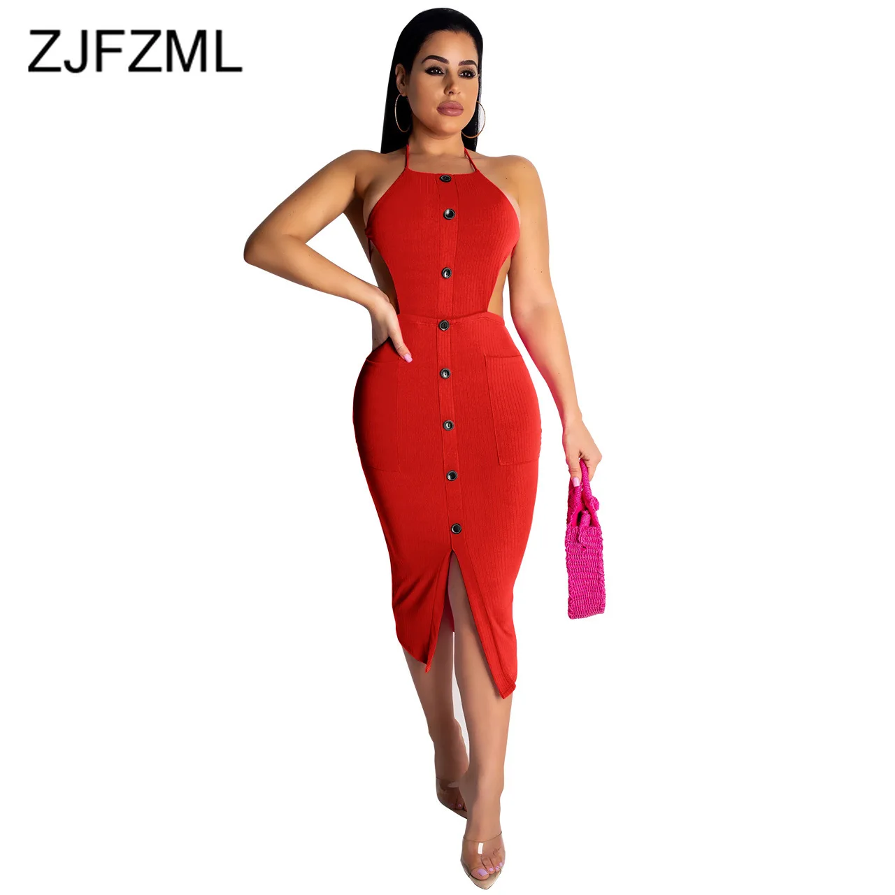 

Plus Size Summer Slim Fit Sundress 2019 Women Buttons Up Sleeveless Knitted Bodycon Dress Sexy Open Back Front Split Beach Dress