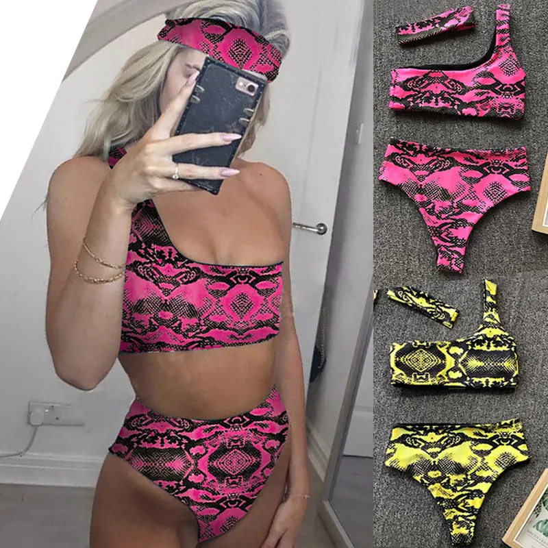 

Women Split Swimsuits Snake Skin Printed One Shoulder Bra Bikini + Swimming Briefs ED-shipping
