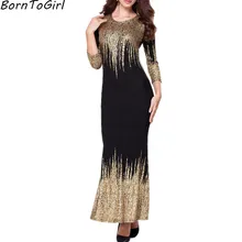 BornToGirl для женщин осень зима вечерние Клубные элегантные тонкие три четверти рукав Черное золото Макси длинное платье