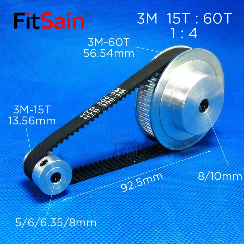 

FitSain-3M pulley synchronous wheel Timing belt 15T:60T 1:4 reduction bandwidth 10 holes 5-6-6.35-8mm