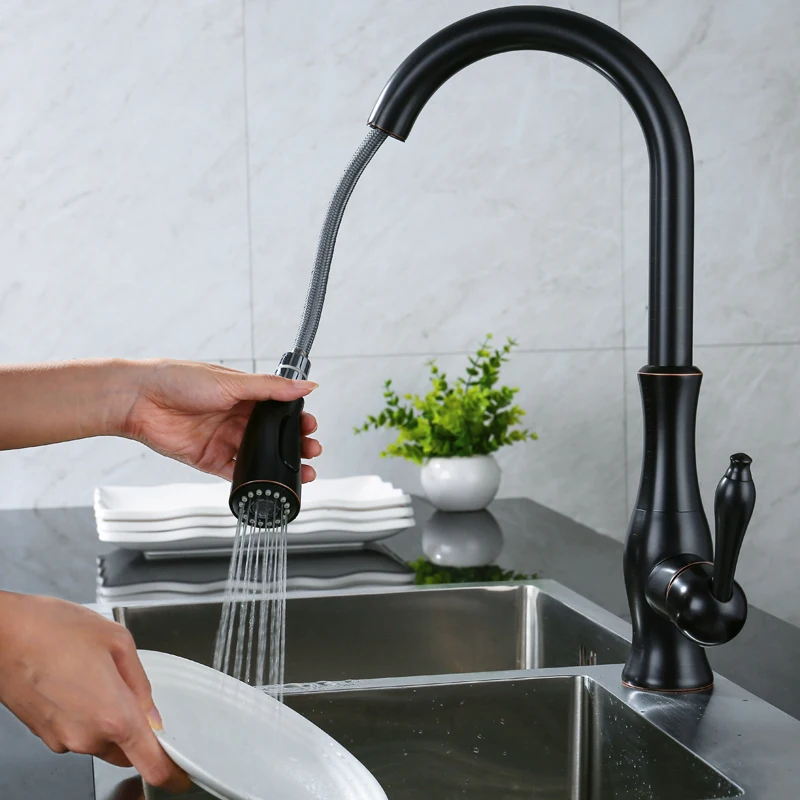 

OLMEY Modern Single Handle Pull Out ORB Kitchen Sink Faucets, Single Lever Kitchen Mixer with 3-Functions Spray Head 11008-C13