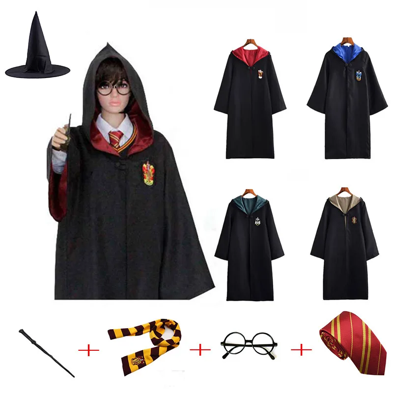 

Adult Kids Harri Potter Cosplay Costume Magic Robe Cloak With Tie Scarf Wand Cosplay Gryffindor Slytherin Hufflepuff Ravenclaw