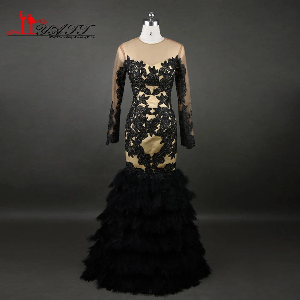 Luxury Black Feather Prom Dresses Long Sleeves Sheer Champagne