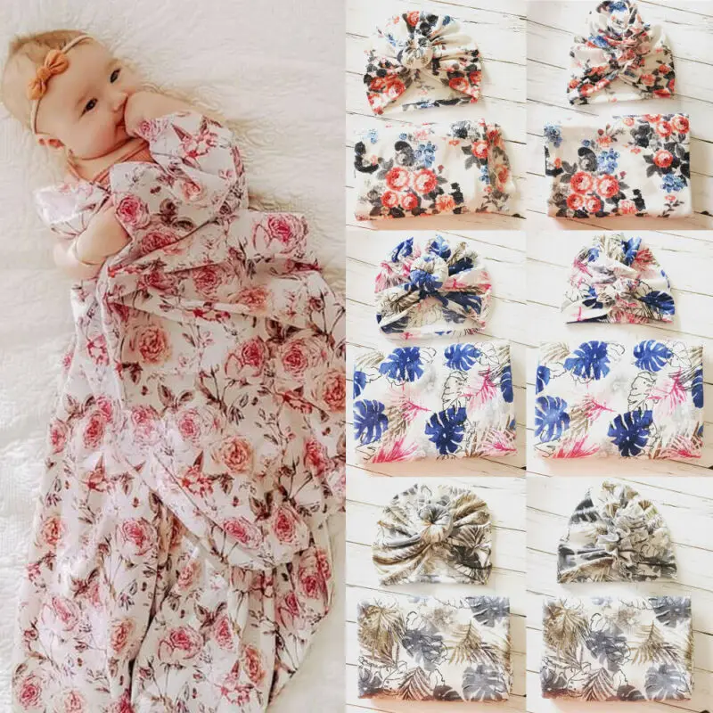 

Newborn Infant Baby Floral Print Swaddle Blanket Warm Sleep Muslin Wrap+Hat