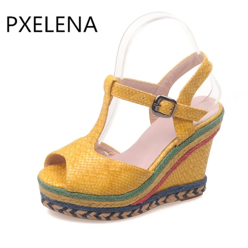 

PXELENA 2017 Summer Ladies Peep Toe Wedge High Heel Platform Sandals Woman Ethnic T-Strap Party Dress Shoes Plus Size US4.5-10.5