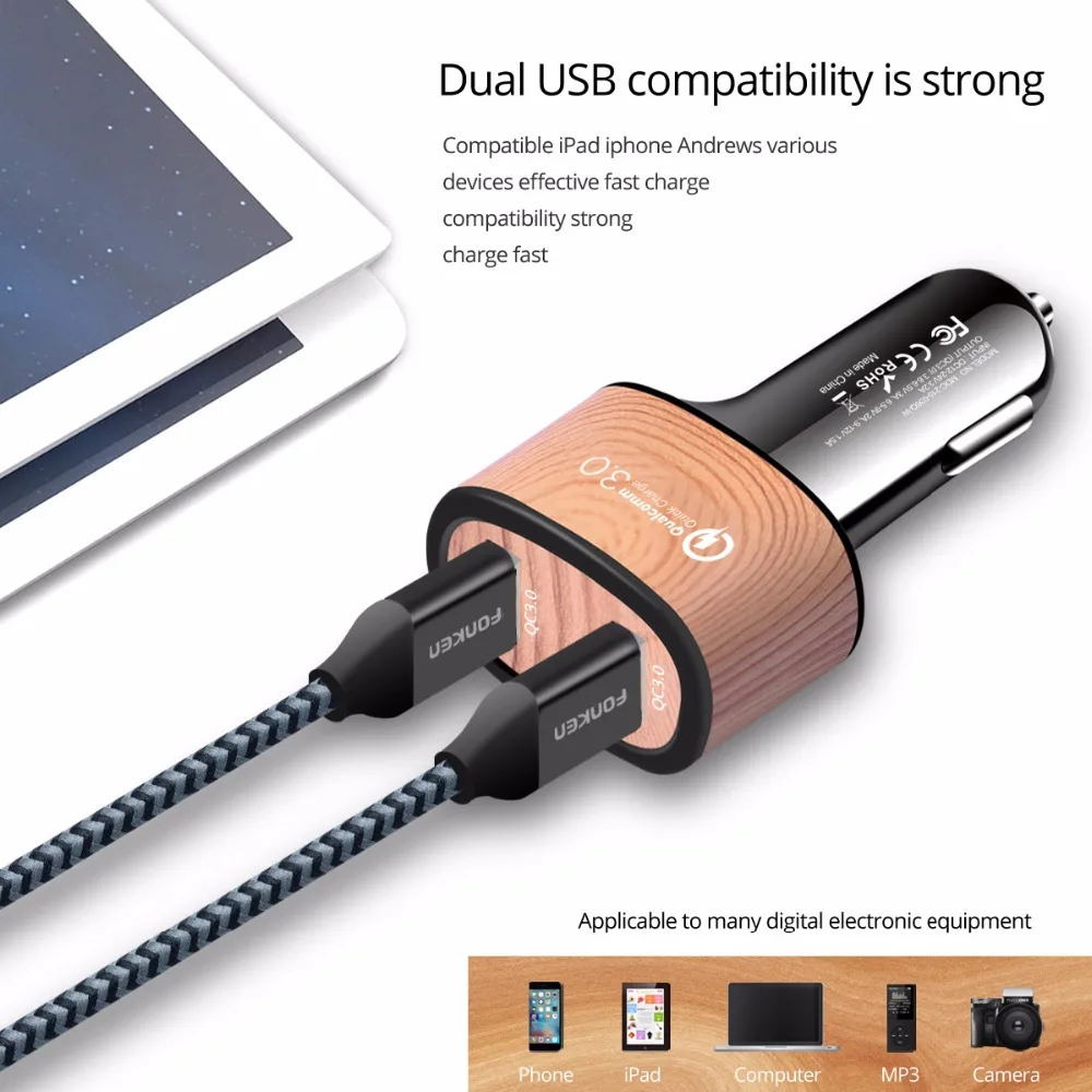 Автомобильное зарядное устройство FONKEN USB Dual Quick Charge 3 0 2 порта 36 Вт QC3.0 QC2.0 Зарядное