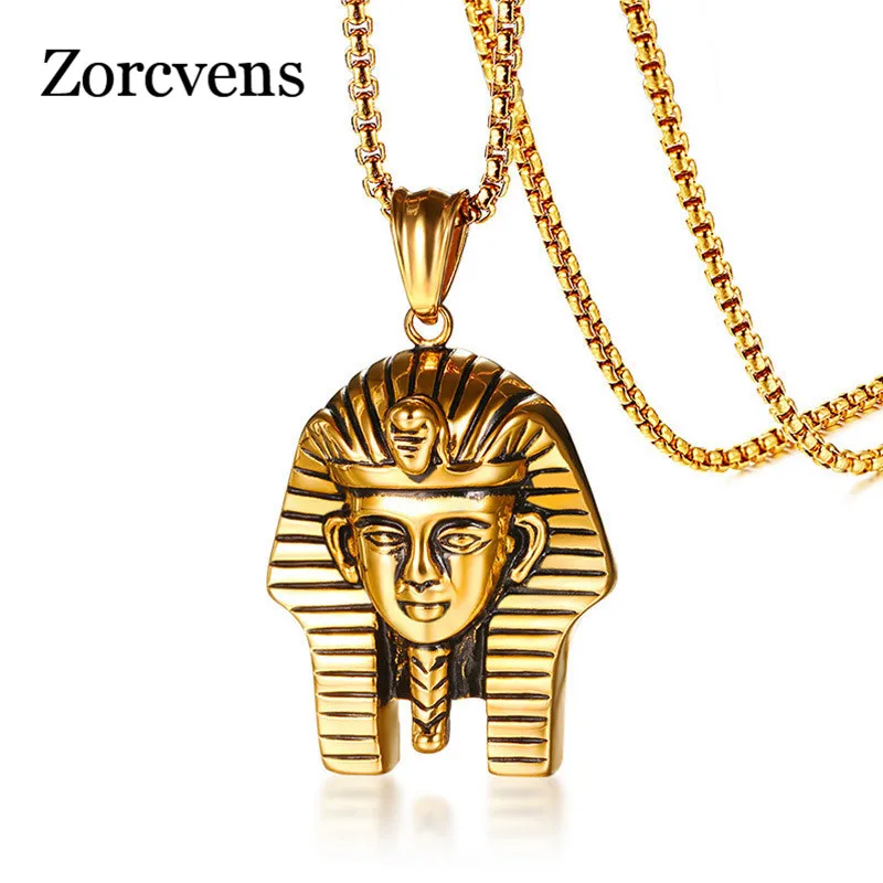 

ZORCVENS Egyptian Pharaoh Pendant for Men Necklace Gold Color 24" Box Chain Stainless Steel Male Punk Jewelry Religious Jewellry