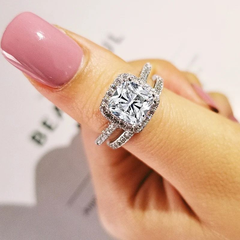 

2019 new luxury cushion 925 sterling silver wedding ring set for women lady anniversary gift jewelry wholesale moonso R5126S