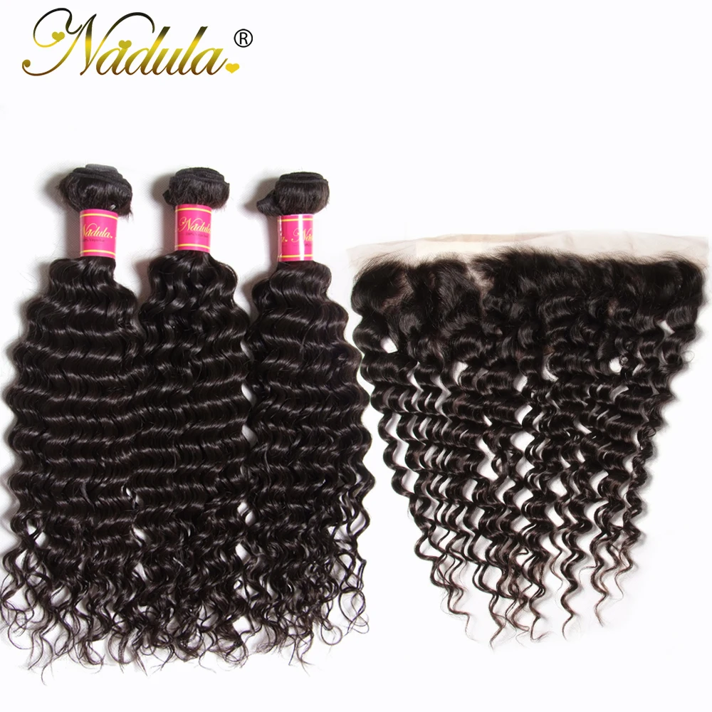 

Nadula Hair Peruvian Deep Wave With Frontal 3 Bundles With 13*4 Free Part Ear to Ear Lace Closure 12-26inch Remy Hair Bundles