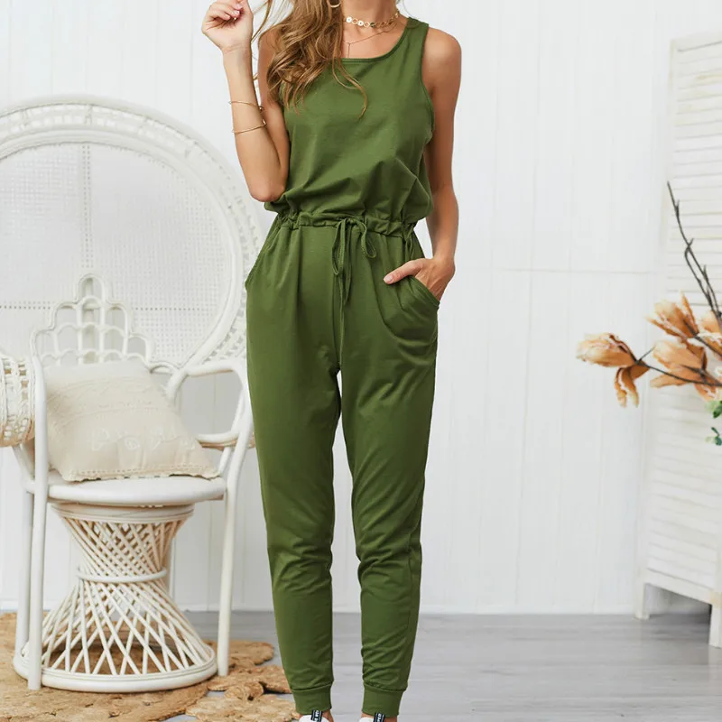 

Ladies sexy casual jumpsuit five-color sleeveless round neck straps jumpsuit summer with pocket cotton one-piece trousers