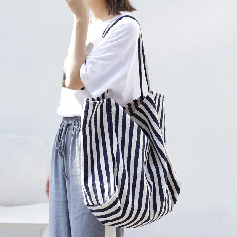 

Handbag Canvas Striped Casual Tote minimalism large capacity cloth Shoulder Bags vintage women collapsible handbags hand bags