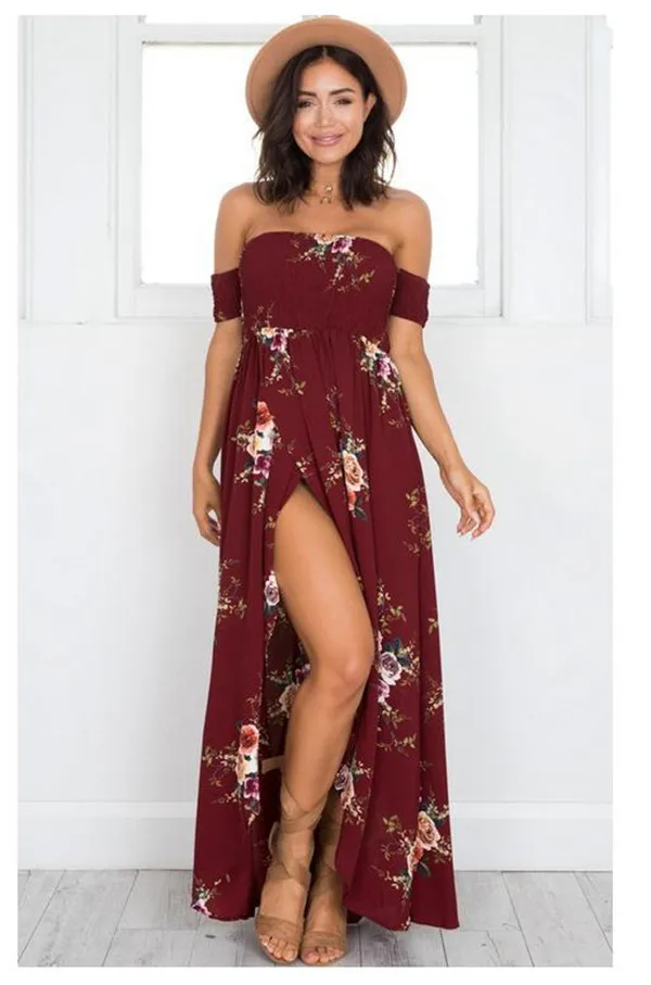 Бохо стиль длинное платье женское с открытыми плечами пляжные летние платья цветочный принт винтажное шифоновое макси платье Vestidos размера плюс