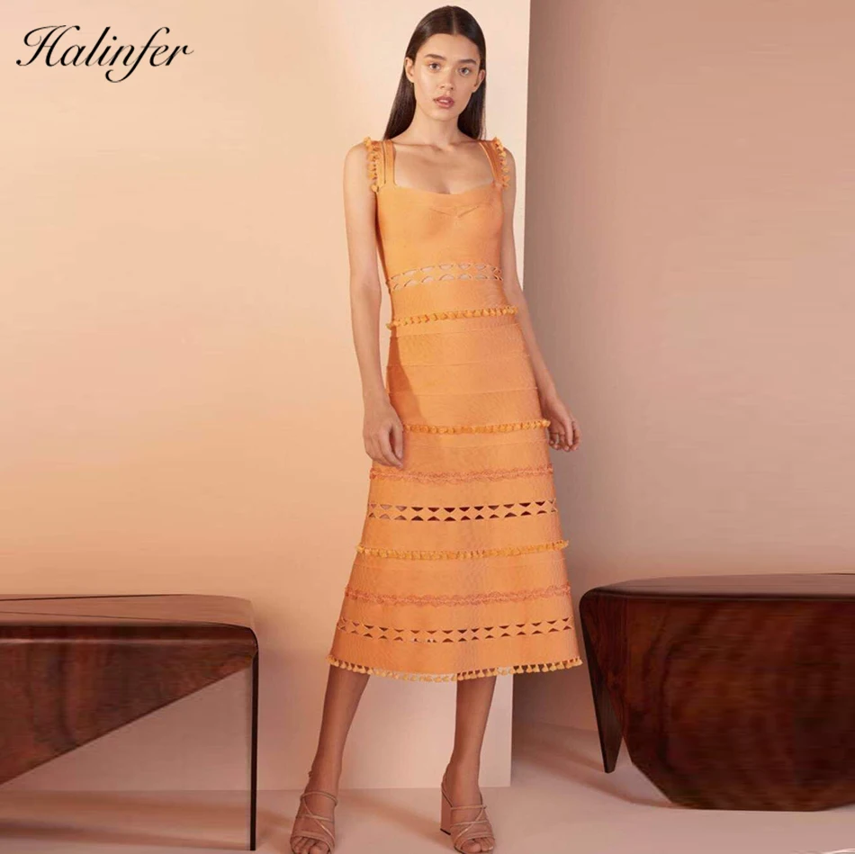 

Halinfer 2018 New summer women dress sexy body Hollow Up Strapless Rayon Bandage Simlpe celebrity party dresses vestidos
