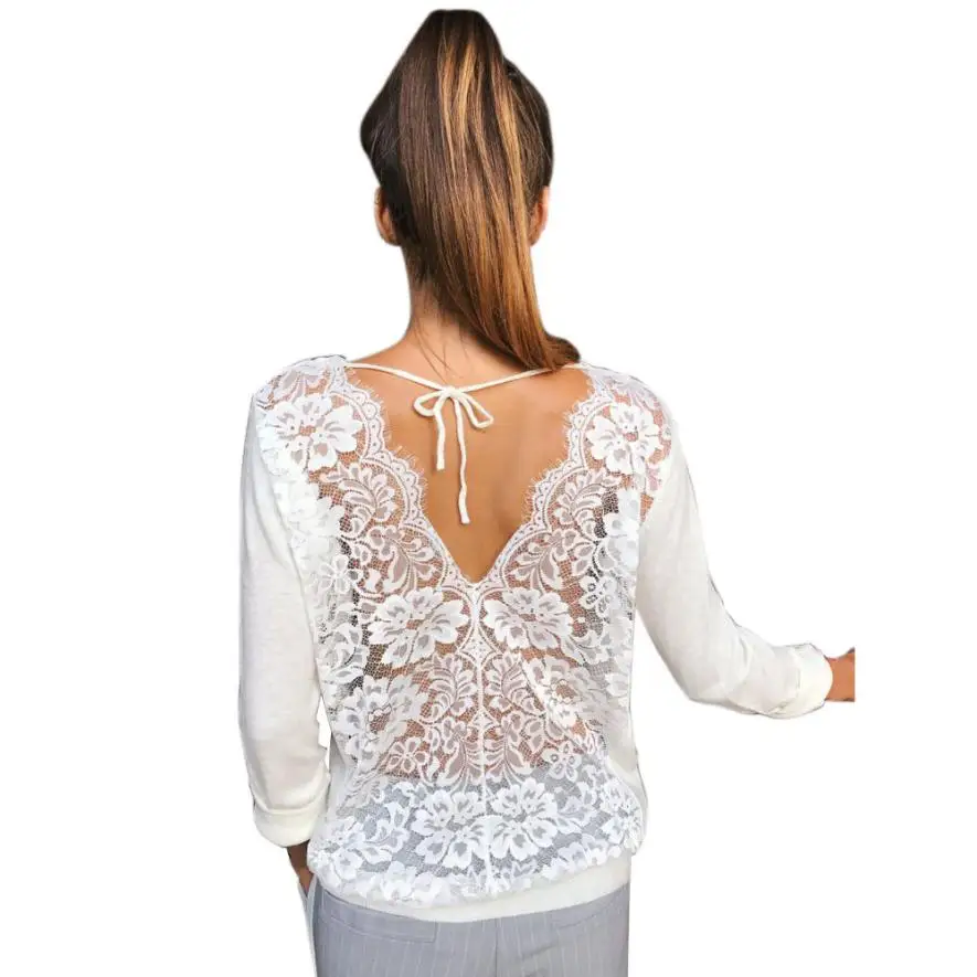 Mooistar# W003 Для женщин с низким вырезом на спине с округлым вырезом, из кружева с длинным рукавом Толстовка пуловер Топы блузка рубашка