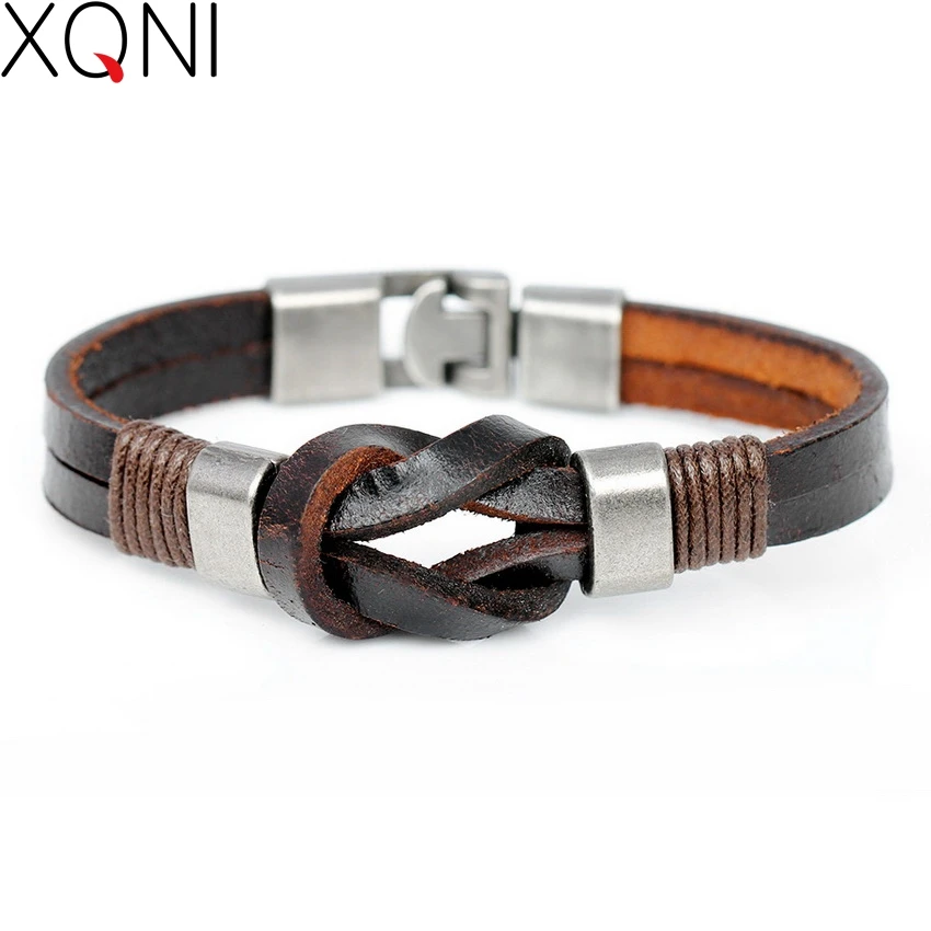

2017 New Fashion Simple Genuine Leather Bracelet Men Popular Vintage Knight Courage Bandage Wrap Stainless Steel Bracelets.