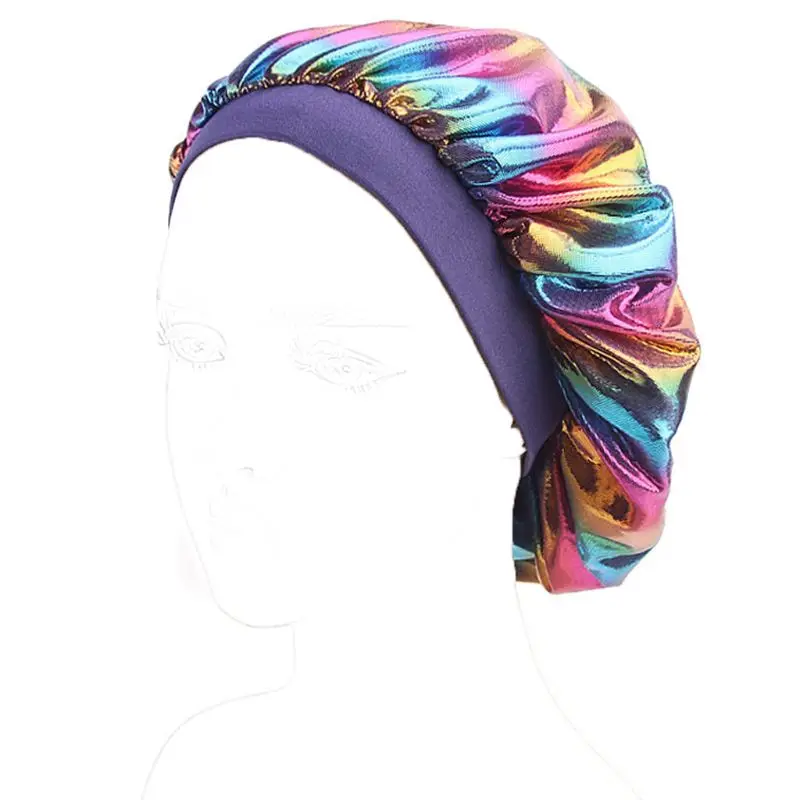 

Womens Faux Silk Bonnet Wide Band Soft Sleep Cap Glitter Reflective Rainbow Colorful Head Covering Ruched Hair Loss Chemo Cap 6