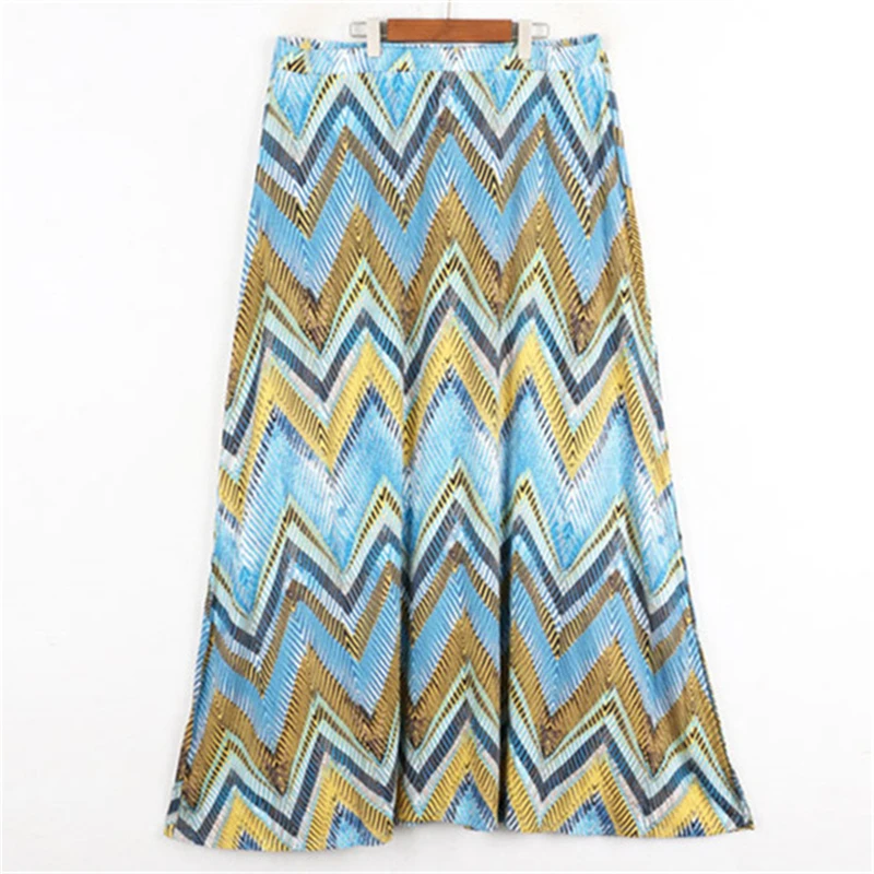 

Tunjuefs Color Block Wave Striped Knitted Beach Skirt Women Bottom Summer Plus Size Print Skirt Faldas Saia Jupe Bohe Long Skirt