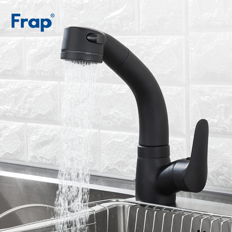 Frap Kitchen Faucets 360 Degree Swivel Pull Out Basin Sink Faucet Water-Saving Polished black Basin Crane Mixer Brass Tap Y10130