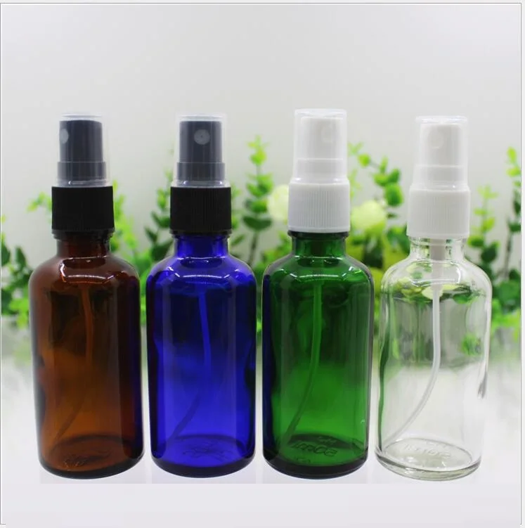 50pcs50ml зеленый/прозрачный/синий/коричневая стеклянная бутылка с белым черным насос для тонкого распыления для эфирного масла сыворотки воды упаковки кожи