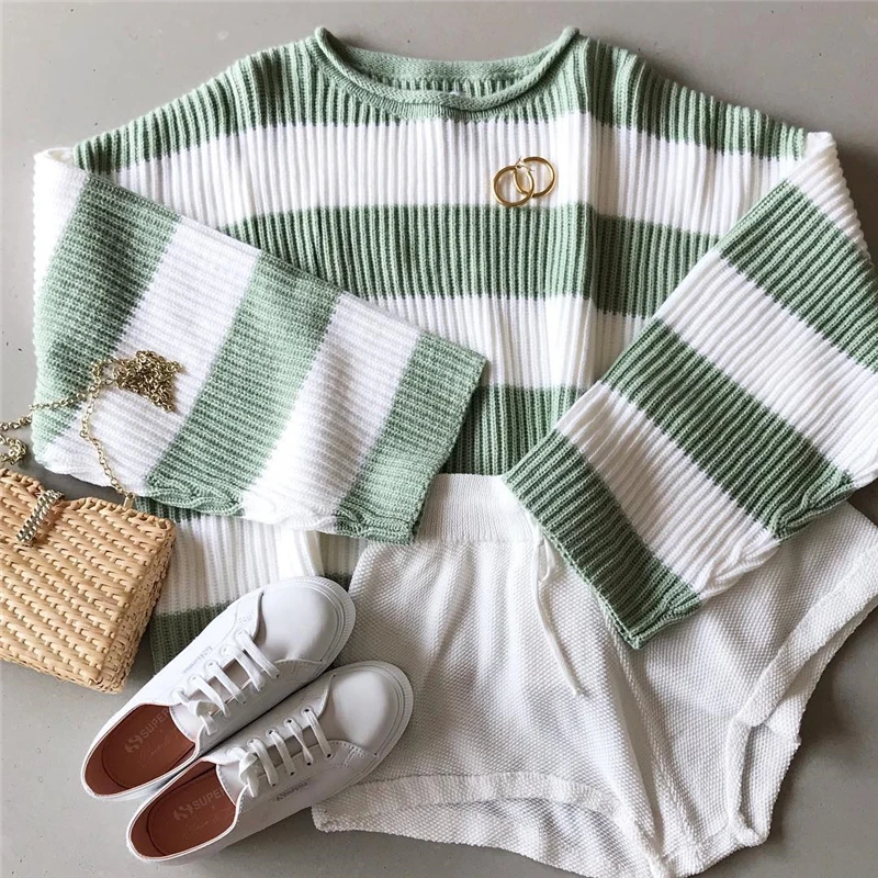 

Green White Striped Knitted Sweaters for Women Autumn O-collar Loose Pullover Sweaters Women's Casual Sweater Tops