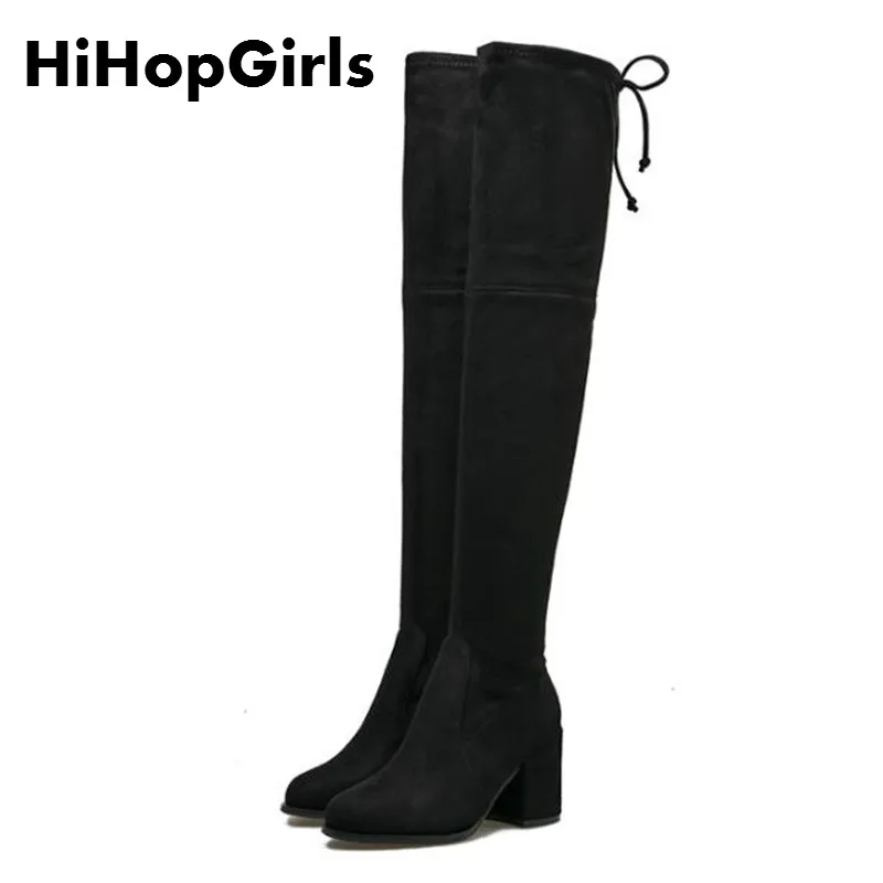 

HiHopGirls 2017 New Hot women winter Square High heels boots Square head was thin Knee Pack legs shoes Ship DHL Elastic boots