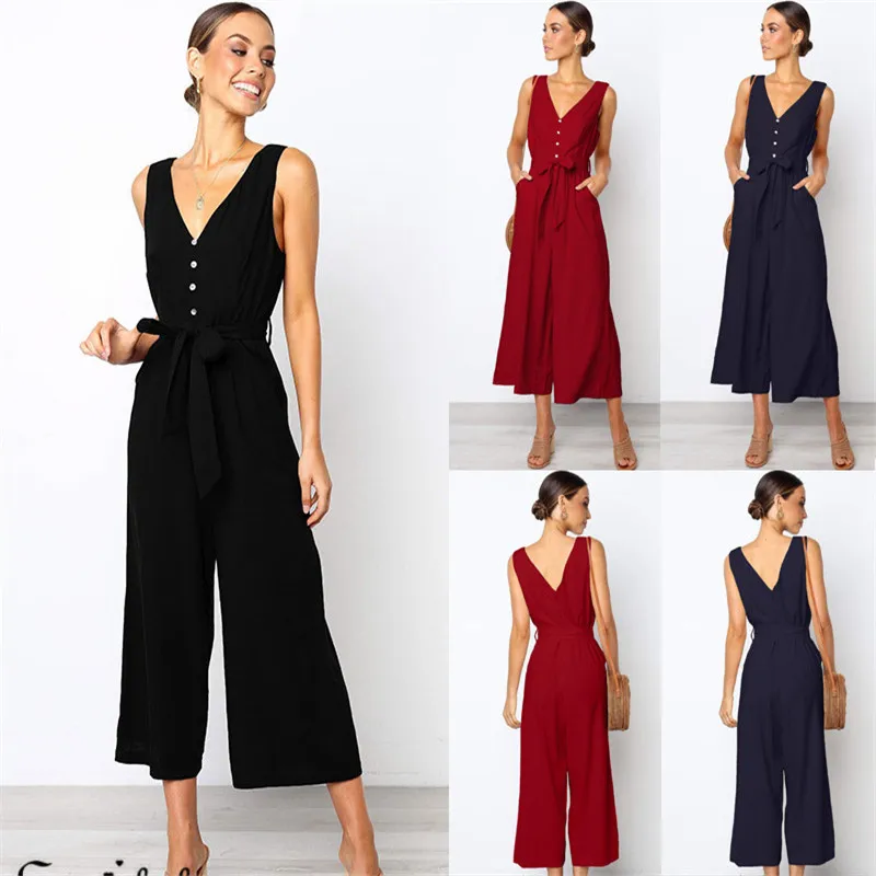 

Womens Solid Playsuit Ladies Party Summer Romper Loose Wide Leg Jumpsuit Size