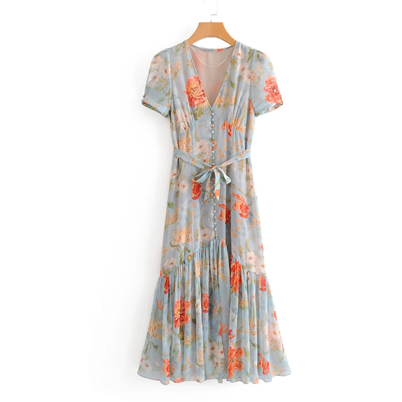 Women's Clothing Dress 2019 Flower Print  V-Neck Button Sashes Dress Ms Summer Street Sexy Slim Fit Temperament Clothing