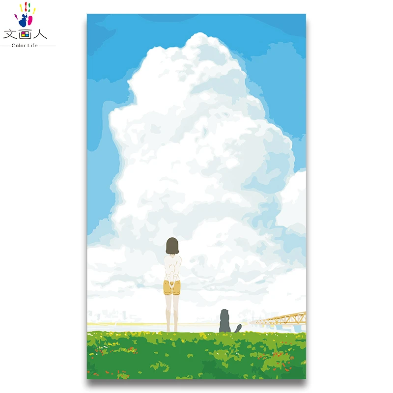 Bà Và Con Mèo Của Cô Nhìn Lên Bầu Trời Hình Do Số Anime Tranh Tô Màu Bằng Số Canvas Sơn Cho Trẻ Em học Sơn