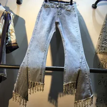 Европейские джинсы женские Весна/Лето Новые Стразы шипованные бусины с высокой талией тонкие джинсовые брюки женские стрейч расклешенные брюки