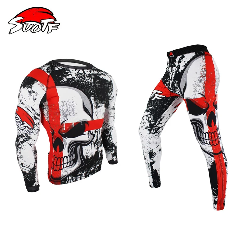 

SUOTF Boxing Set Compression Jersey+Pants Skull S Kick Boxing Tight Long T-Shirts Trousers Muay Thai MMA Fightwear