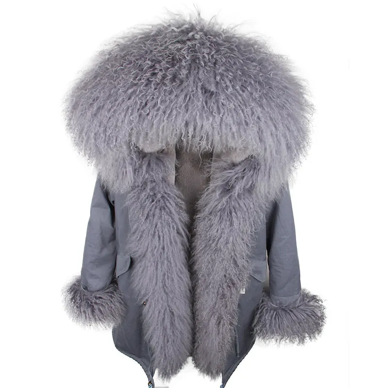 Брендовая стильная зимняя куртка женская новая длинная парка пальто из натурального меха большой енот меховой воротник с капюшоном парки толстая верхняя одежда - Цвет: Mongolia Sheep Fur8