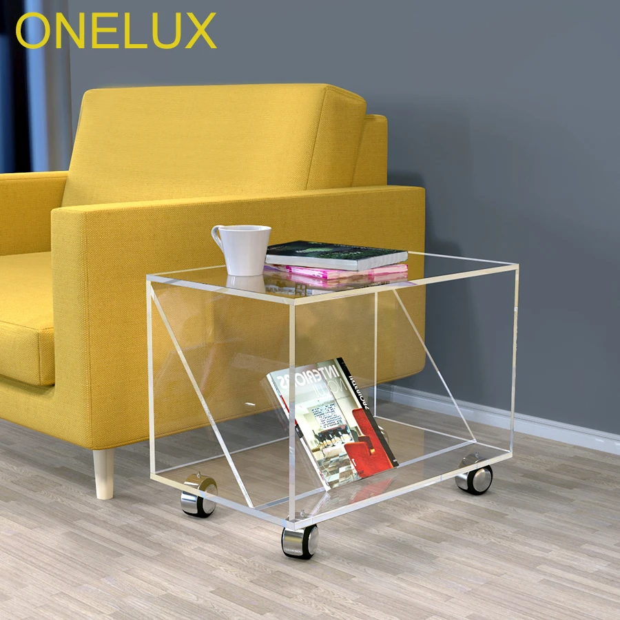 Clear Acrylic Occasional Accent Sofa Table On Wheels,Lucite Rolling End MagazineTables