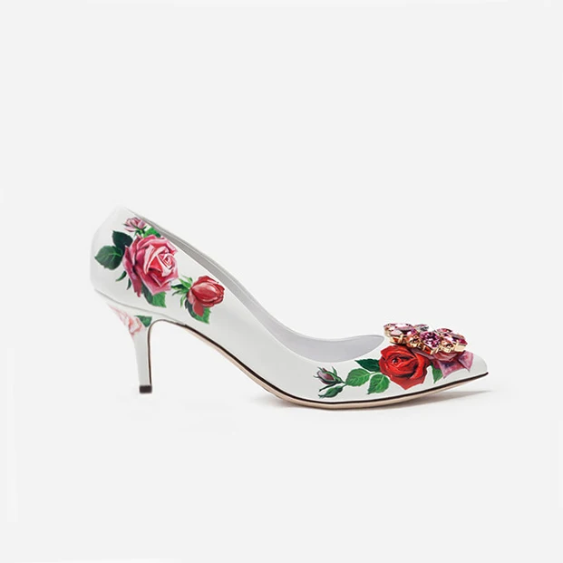 Qianruiti Tacones Mujer с принтом роз кожаные свадебные туфли полу-драгоценный камень, средний каблук, туфли-лодочки на шпильке прозрачные туфли-лодочки на каблуках со стразами - Цвет: as pic
