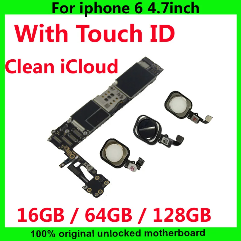 

Clean Unlocked iCloud Full Function Motherboard with / without Touch ID for iphone 6 16GB 64GB 128GB IOS Logic board mainboard