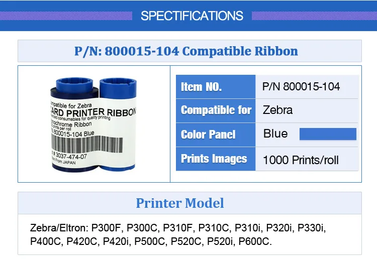 Упаковка из 5 шт. Совместимость 800015-104 синий печать ленты 1000 изображений для Zebra P300 P310F P400 P430i P500 p600 P720C карты принтера