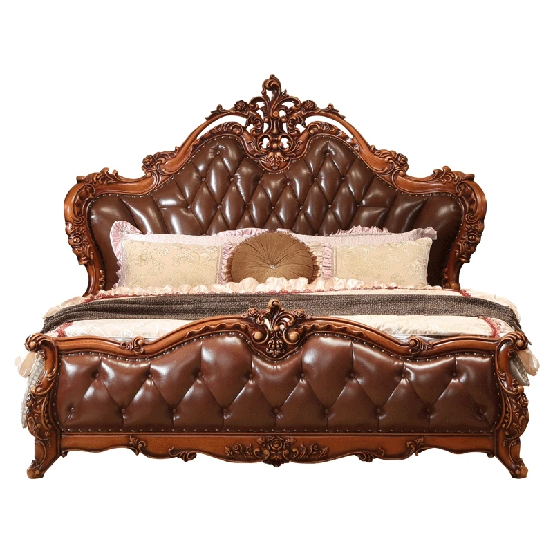 European Style Wooden Double Bed Furniture, Bedroom, Luxury Villa, American Leather Bed.